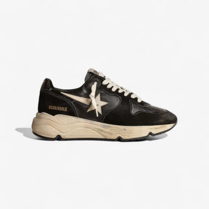 Women’s Running Sole Sneakers in Black Nappa Leather and Suede With White Leather Star