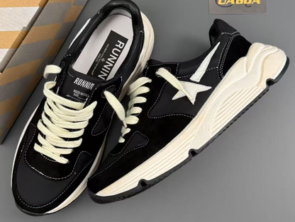 Women’s Running Sole Sneakers in Black Nappa Leather and Suede With White Leather Star