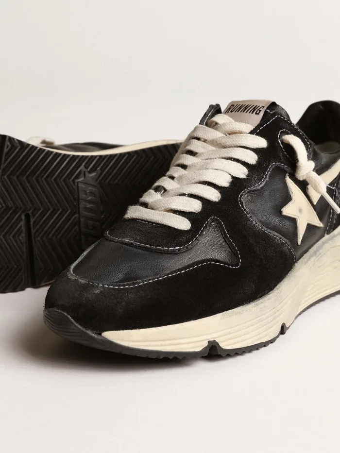 Women’s Running Sole Sneakers in Black Nappa Leather and Suede With White Leather Star