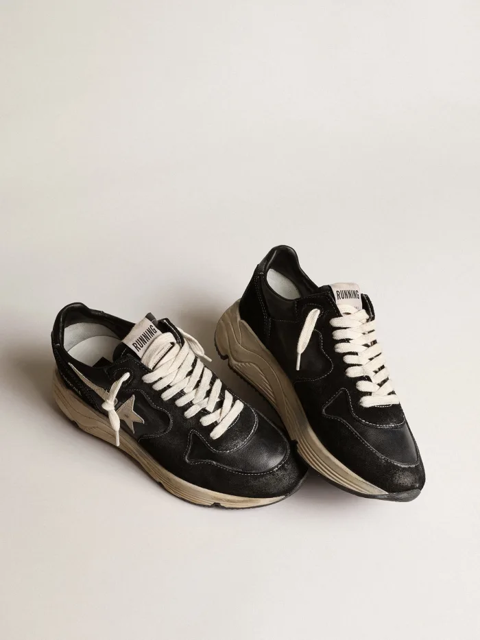 Women’s Running Sole Sneakers in Black Nappa Leather and Suede With White Leather Star