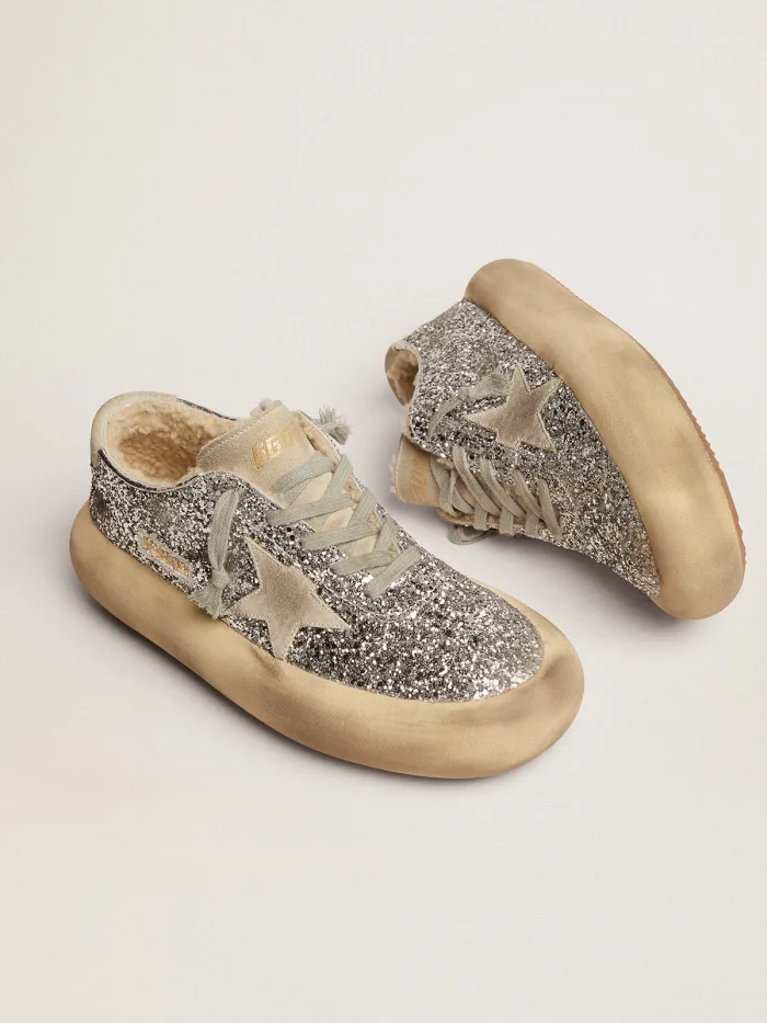 Women's Space-star Shoes In Silver Glitter With Shearling Lining