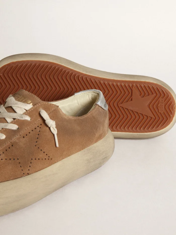 Women's Space-star Shoes In Tobacco-colored Suede With Perforated Star And Silver Metallic Leather