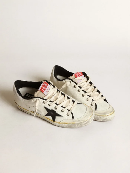 Women’s Super-star Ltd Sneakers In Beige Canvas With Black Leather Star And White Leather Heel Tab