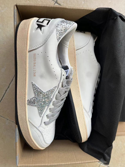 Sneaker Ball Star In Nappa Bianca Con Stella E Talloncino In Glitter Argento