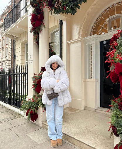 HOODED STRAIGHT ROWS LONG COAT