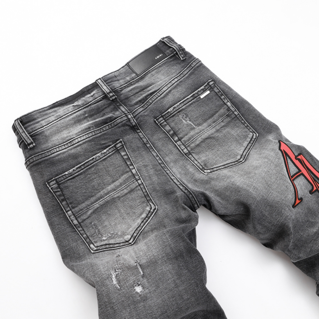 Amr Staggered Grey Logo Jeans