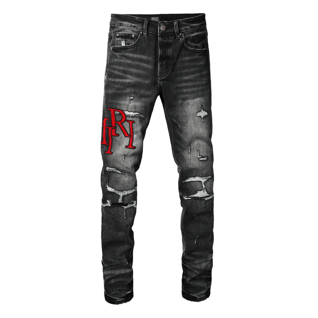 Amr Staggered Red Logo Jeans