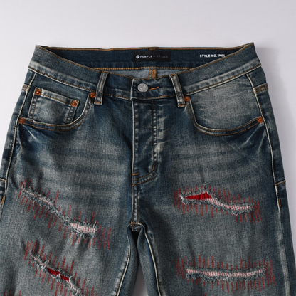 Purple Red Distressed Patch Jeans