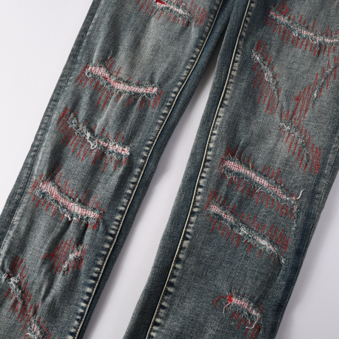 Purple Red Distressed Patch Jeans