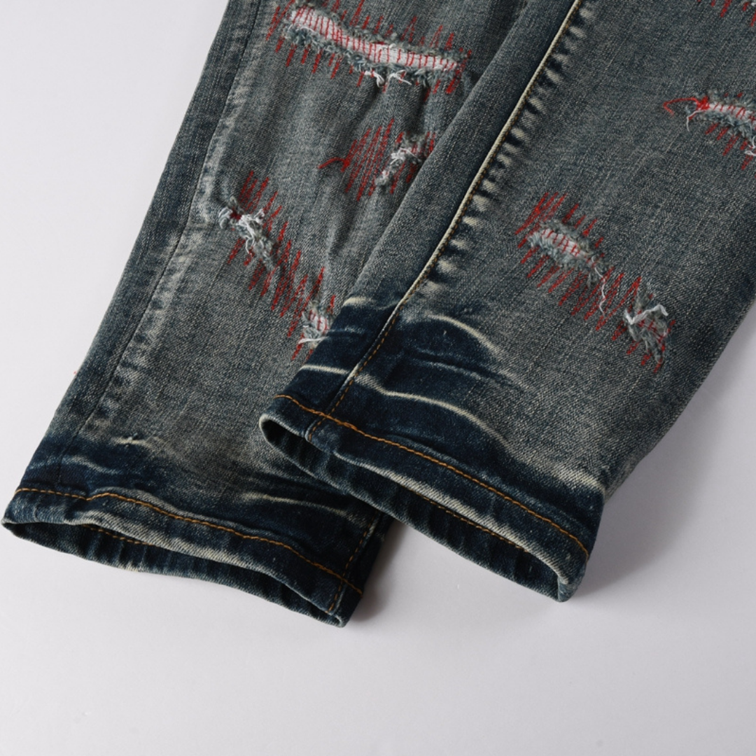 Purple Red Distressed Patch Jeans